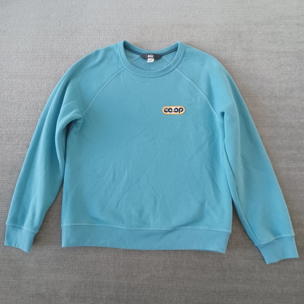 REI Co-op Sweater Womens S Blue Embroidered Patch Logo Crew Neck Stretch Hiking